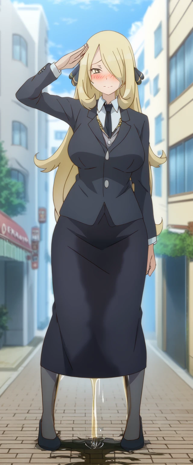 (high quality,Very detailed:1.37, High resolution), 2d, anime, anime style, anime source, Woman, Cynthia \(Pokemon\), business suit, necktie, (long skirt:1.25), (pencil skirt:1.5), pantyhose, huge breasts, cleavage, looking at viewer, masterpiece, best quality, (wetting self:1.5), desperation, embarrassed, humiliation, (blushing:2.0), standing, (salute:1.5), city