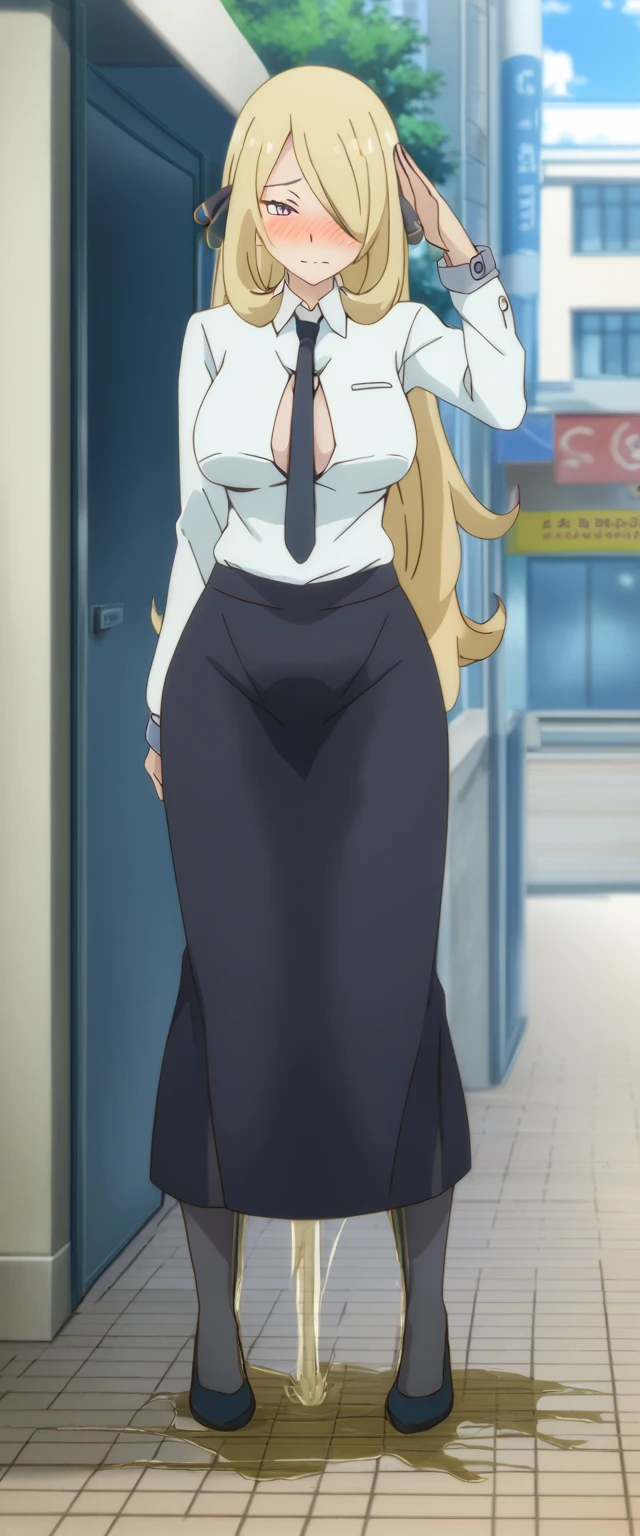 (high quality,Very detailed:1.37, High resolution), 2d, anime, anime style, anime source, Woman, Cynthia \(Pokemon\), business suit, necktie, (long skirt:1.25), (pencil skirt:1.5), pantyhose, huge breasts, cleavage, looking at viewer, masterpiece, best quality, (wetting self:1.5), desperation, embarrassed, humiliation, (blushing:2.0), standing, (salute:1.5), city