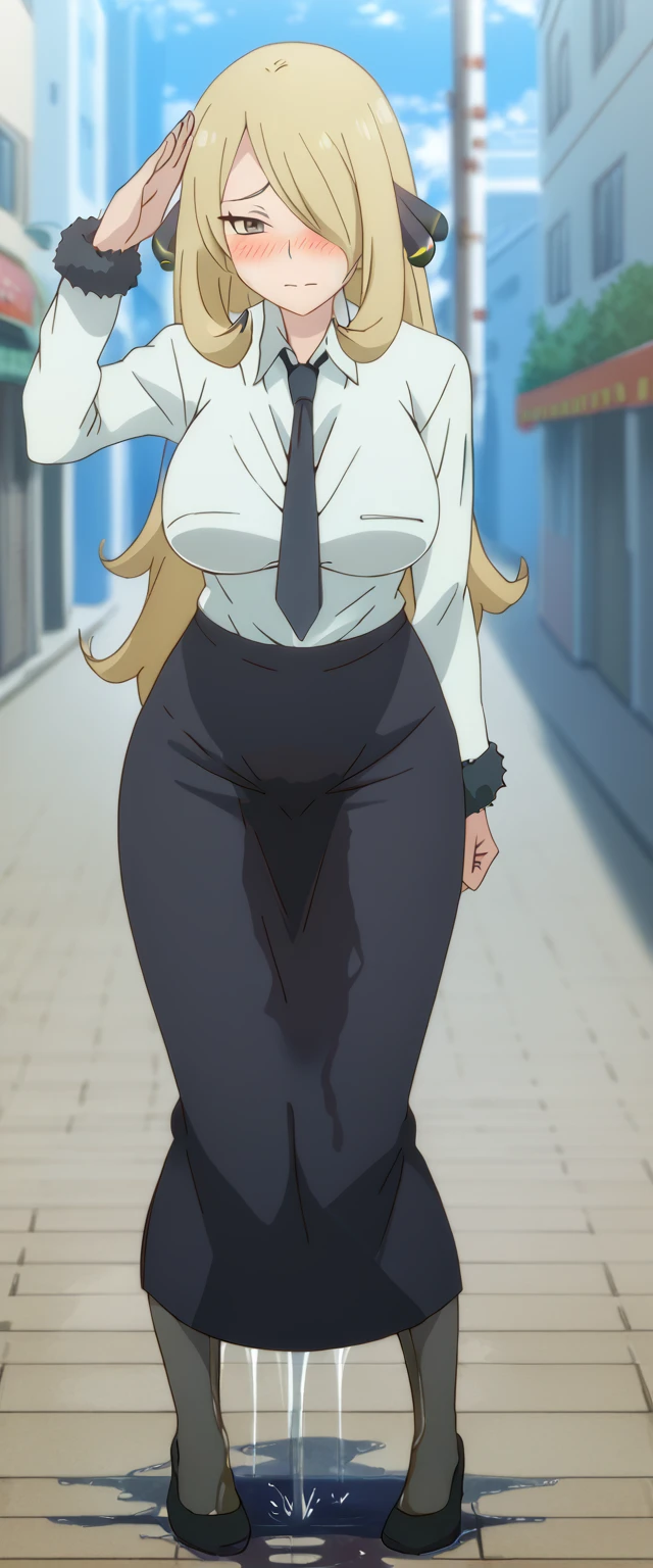 (high quality,Very detailed:1.37, High resolution), 2d, anime, anime style, anime source, Woman, Cynthia \(Pokemon\), business suit, necktie, (long skirt:1.25), (pencil skirt:1.5), pantyhose, huge breasts, cleavage, looking at viewer, masterpiece, best quality, (wetting self:1.5), desperation, embarrassed, humiliation, (blushing:2.0), standing, (salute:1.5), city