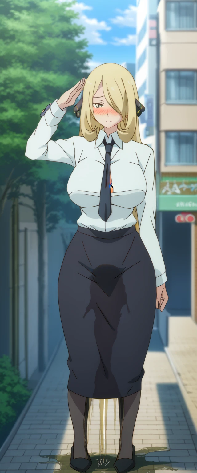 (high quality,Very detailed:1.37, High resolution), 2d, anime, anime style, anime source, Woman, Cynthia \(Pokemon\), business suit, necktie, (long skirt:1.25), (pencil skirt:1.5), pantyhose, huge breasts, cleavage, looking at viewer, masterpiece, best quality, (wetting self:1.5), desperation, embarrassed, humiliation, (blushing:2.0), standing, (salute:1.5), city