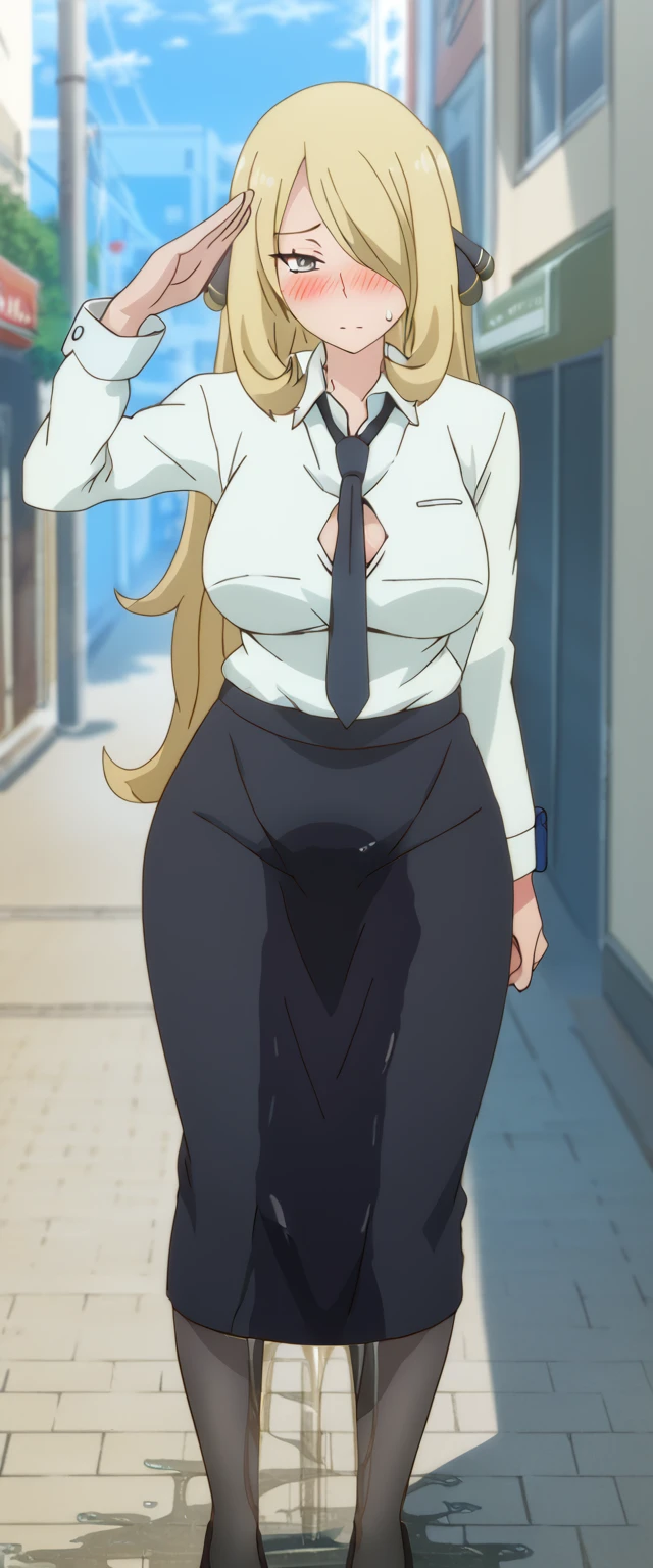 (high quality,Very detailed:1.37, High resolution), 2d, anime, anime style, anime source, Woman, Cynthia \(Pokemon\), business suit, necktie, (long skirt:1.25), (pencil skirt:1.5), pantyhose, huge breasts, cleavage, looking at viewer, masterpiece, best quality, (wetting self:1.5), desperation, embarrassed, humiliation, (blushing:2.0), standing, (salute:1.5), city