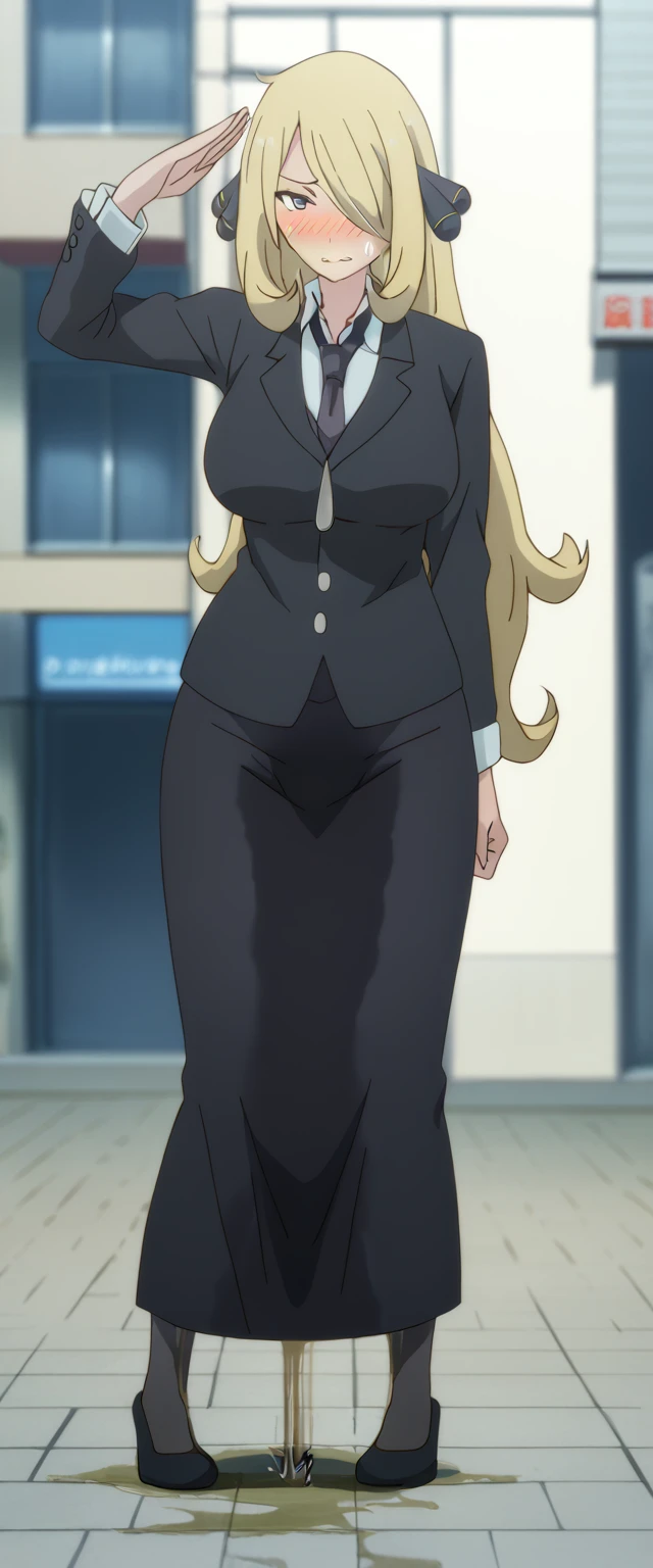 (high quality,Very detailed:1.37, High resolution), 2d, anime, anime style, anime source, Woman, Cynthia \(Pokemon\), business suit, necktie, (long skirt:1.25), (pencil skirt:1.5), pantyhose, huge breasts, cleavage, looking at viewer, masterpiece, best quality, (wetting self:1.5), desperation, embarrassed, humiliation, (blushing:2.0), angry, clenched teeth, standing, (salute:1.5), city