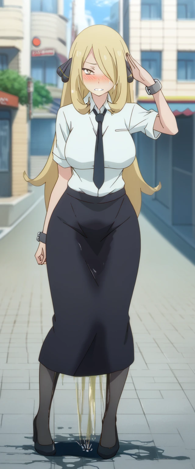 (high quality,Very detailed:1.37, High resolution), 2d, anime, anime style, anime source, Woman, Cynthia \(Pokemon\), business suit, necktie, (long skirt:1.25), (pencil skirt:1.5), pantyhose, huge breasts, cleavage, looking at viewer, masterpiece, best quality, (wetting self:1.5), desperation, embarrassed, humiliation, (blushing:2.0), angry, clenched teeth, standing, (salute:1.5), city