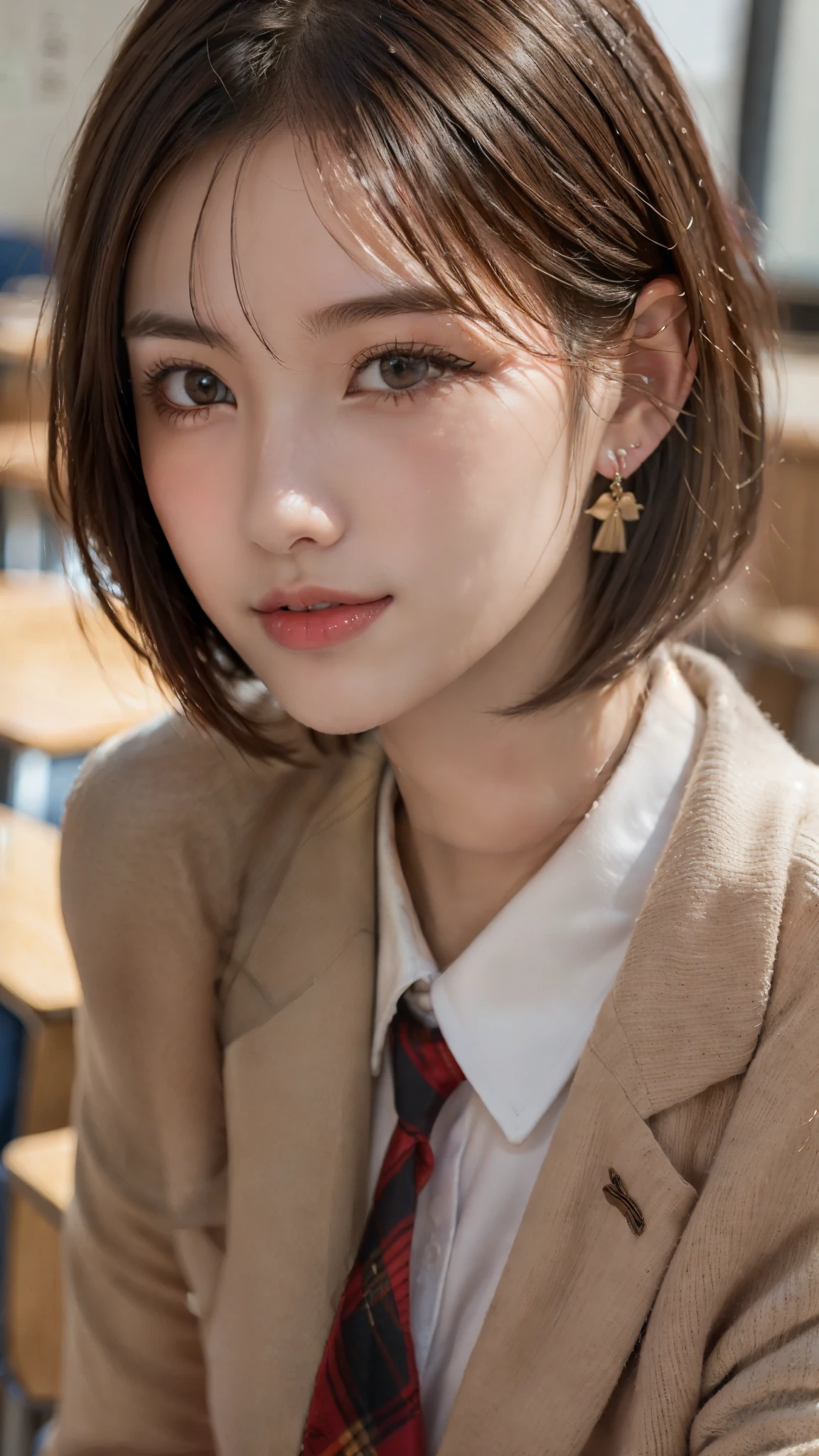 (A beautiful and cute high school girl in a school uniform is in a high school classroom during lunch break, She is wearing a blazer and a plaid pleated skirt as her uniform, with a red ribbon accent around her collar:1.3), 
BREAK 
(Photorealistic, 32k, RAW photo, best quality:1.4), (masterpiece:1.3), (absurdres, attractive, ultra high resolution, ultra realistic, highly detailed, golden ratio, ultra detailed), 
BREAK 
1 beautiful woman, super fucking beautiful detailed face, natural makeup, intricate cloth texture, finely detailed hair texture, beautiful detailed full-body, perfect female form, accurate, Anatomically correct, Highly detailed face and skin texture, (beautiful elegant hands), (realistic skin), (beautiful pale skin:1.1), beautiful Breasts, 
(Perfect dynamic composition, looking at viewer, extreme close-up:1.8),
BREAK 
(School uniform, blazer & plaid pleated & red ribbon accent around her collar, detailed cloth texture), (Earrings), 
BREAK,
realistic eyes, beautiful detailed eyes, symmetric eyes, captivating detailed eyes, light brown eyes, double eyelids, thin eyebrows, (glossy lips:1.4), (kissable expression, blush:1.3), (beautiful smile:1.1), 
BREAK,
((short bob cut, dark brown hair, bangs:1.2)), (Daytime, classroom:1.3)