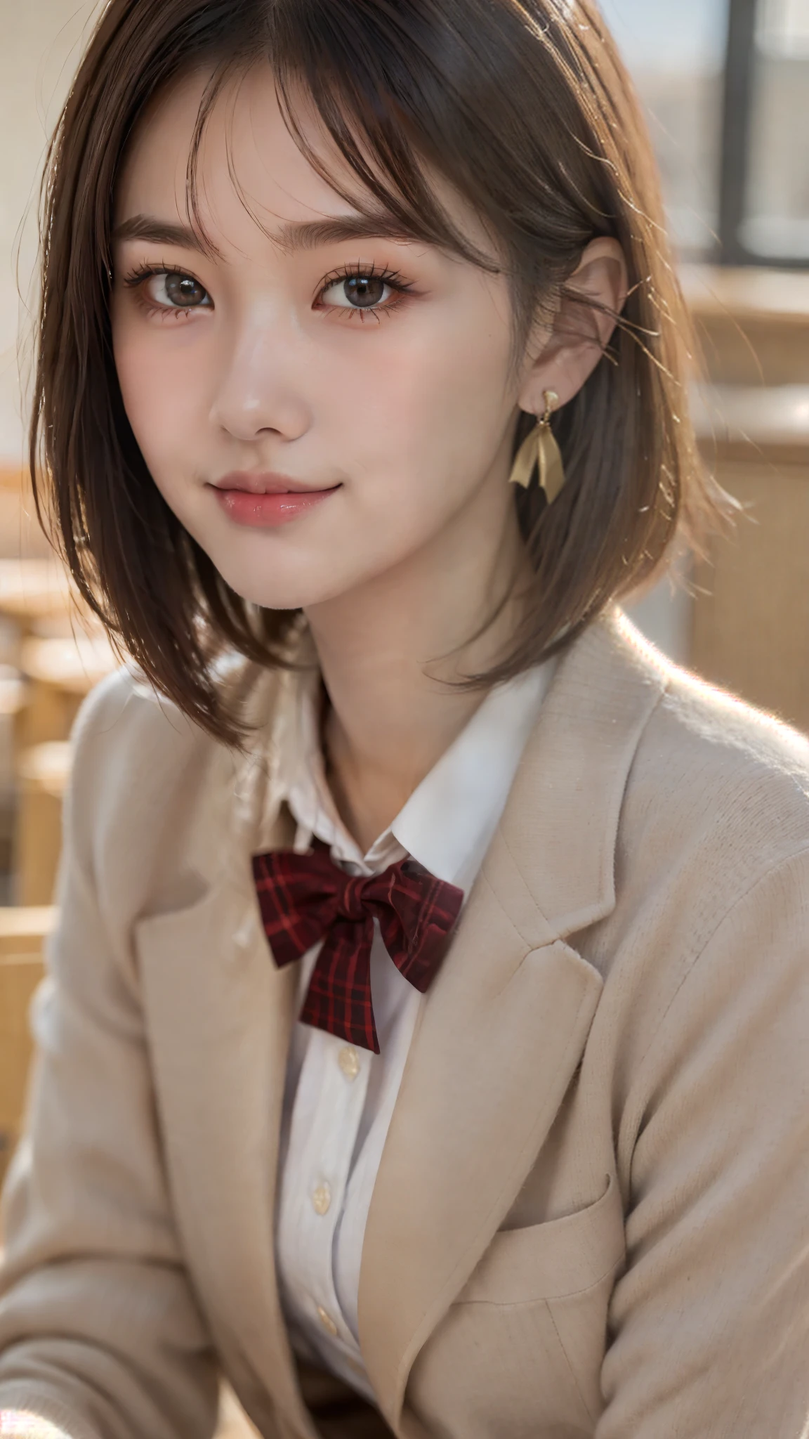 (A beautiful and cute high school girl in a school uniform is in a high school classroom during lunch break, She is wearing a blazer and a plaid pleated skirt as her uniform, with a red ribbon accent around her collar:1.3),
BREAK
(Photorealistic, 32k, RAW photo, best quality:1.4), (masterpiece:1.3), (absurdres, attractive, ultra high resolution, ultra realistic, highly detailed, golden ratio, ultra detailed),
BREAK
1 beautiful woman, super fucking beautiful detailed face, natural makeup, intricate cloth texture, finely detailed hair texture, beautiful detailed full-body, perfect female form, accurate, Anatomically correct, Highly detailed face and skin texture, (beautiful elegant hands), (realistic skin), (beautiful pale skin:1.1), beautiful Breasts,
(Perfect dynamic composition, looking at viewer, extreme close-up:1.8),
BREAK
(School uniform, blazer & plaid pleated & red ribbon accent around her collar, detailed cloth texture), (Earrings),
BREAK,
realistic eyes, beautiful detailed eyes, symmetric eyes, captivating detailed eyes, light brown eyes, double eyelids, thin eyebrows, (glossy lips:1.4), (kissable expression, blush:1.3), (beautiful smile:1.1),
BREAK,
((short bob cut, dark brown hair, bangs:1.2)), (Daytime, classroom:1.3)