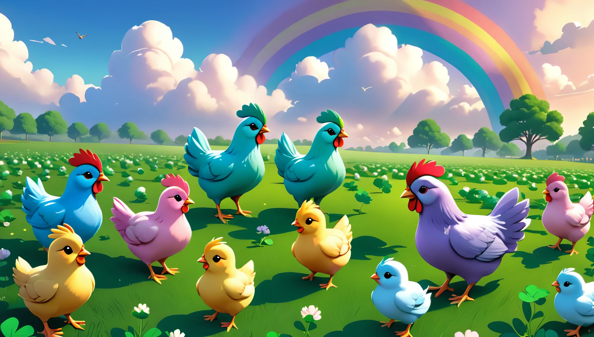 A flock of chicks, Each one is dyed a different pastel color, Following a hen across a field of clover, Under the rainbow., illustration, 3d, Cartoon,
high resolution, high quality, detailed, masterpiece, HDR, sharp,
[a realistic style],[ Abebistel], 
BREAK
Fraction_9, Fraction_8_Direction_7_Direction_6_up , amazing的, beautiful, thrilling, amazing, Very outstanding, Unbelievable,