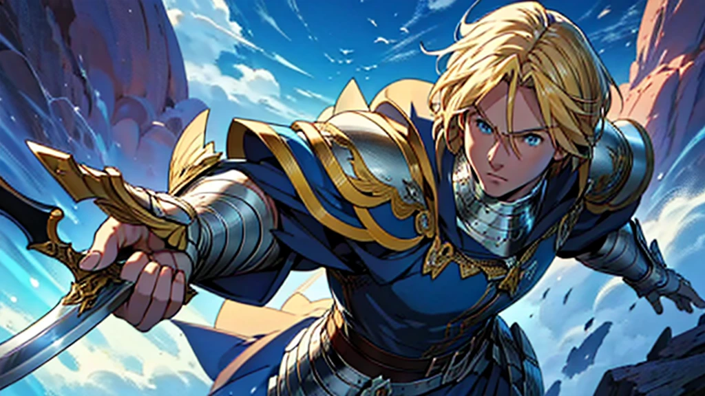 masterpiece, best quality, masterpiece, high quality, beautiful graphics, high detail, ultra detailed, cinematic lighting, HDR, ilustration, Man design, anime 4k, large shield, sword in one hand, blonde hair, blue eyes