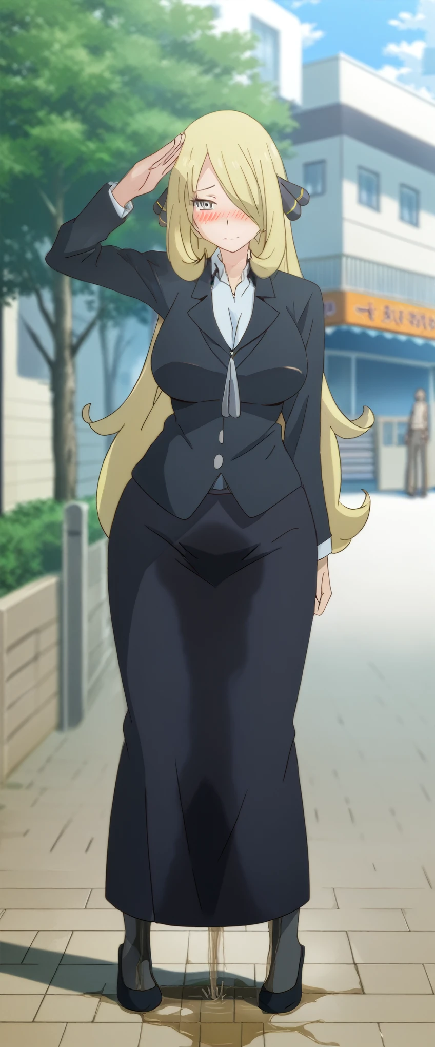 (high quality,Very detailed:1.37, High resolution), 2d, anime, anime style, anime source, Woman, Cynthia \(Pokemon\), business suit, necktie, (long skirt:1.25), (pencil skirt:1.5), pantyhose, huge breasts, cleavage, looking at viewer, masterpiece, best quality, (wetting self:1.5), desperation, embarrassed, humiliation, (blushing:2.0), standing, (salute:1.5), city