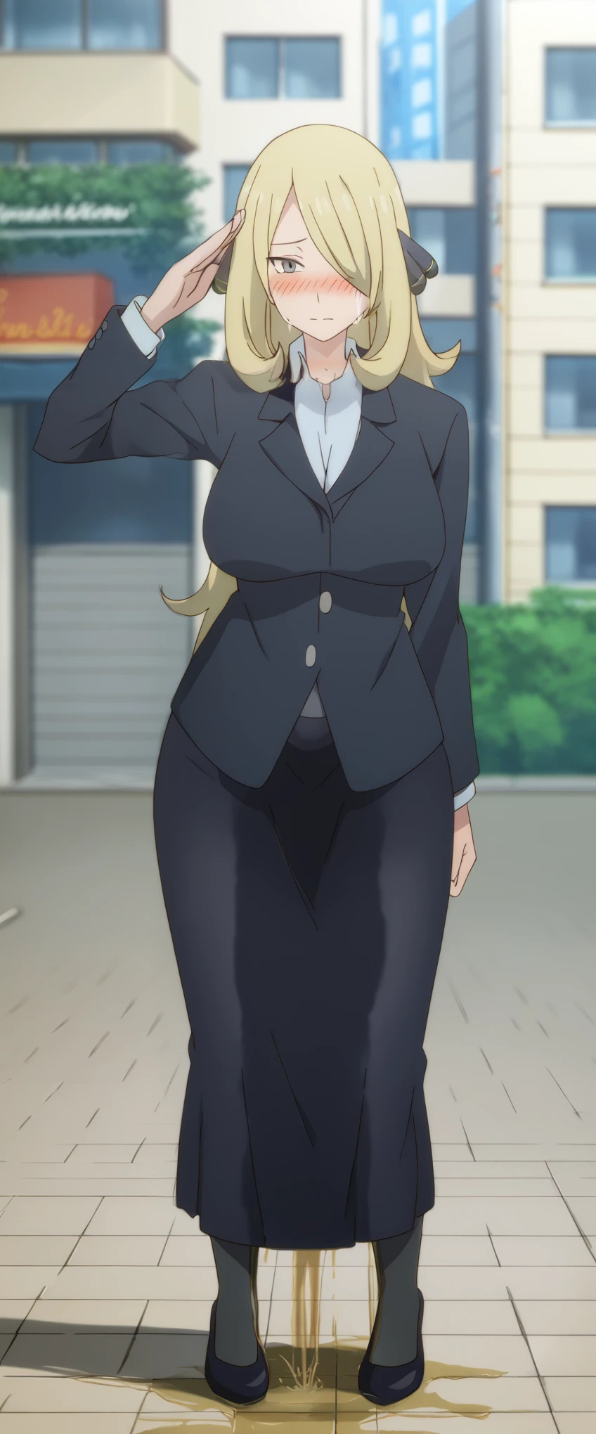 (high quality,Very detailed:1.37, High resolution), 2d, anime, anime style, anime source, Woman, Cynthia \(Pokemon\), business suit, necktie, (long skirt:1.25), (pencil skirt:1.5), pantyhose, huge breasts, cleavage, looking at viewer, masterpiece, best quality, (wetting self:1.5), desperation, embarrassed, humiliation, (blushing:2.0), standing, (salute:1.5), city