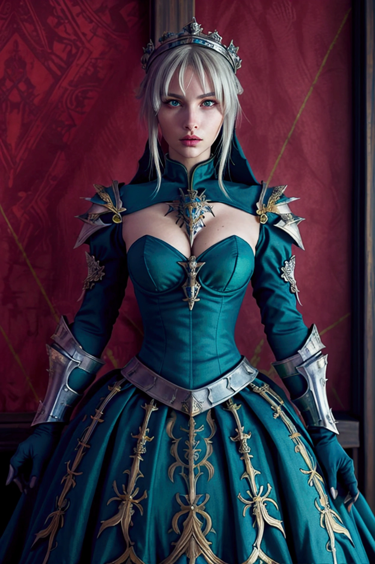 fantasy, princess Targaryen, full-length, garden, girl, with white hair, face looks like Daenerys|Natalie Portman, in a red and black dress embroidered with gold threads of rubies and diamonds with her eyes open, hd