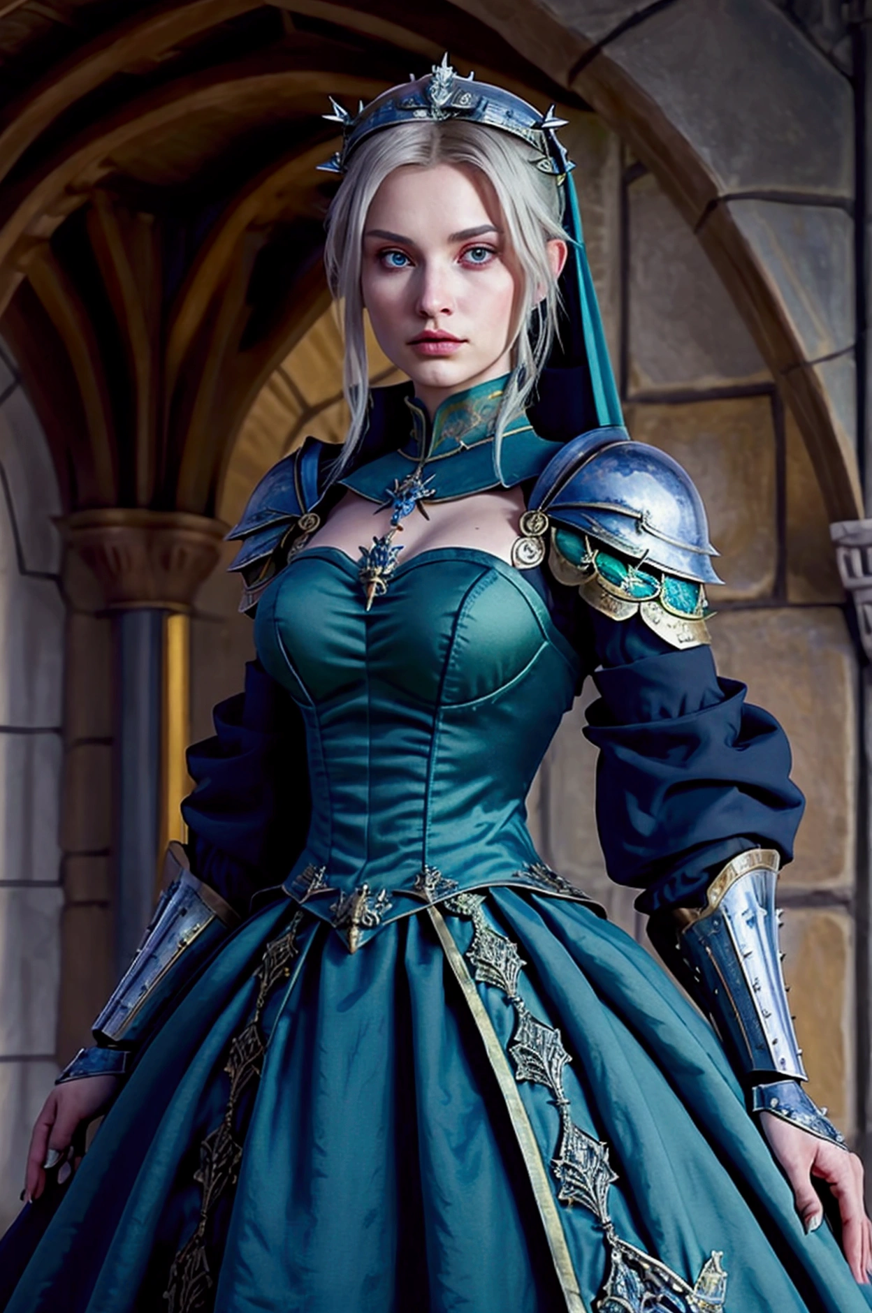 (masterpiece:1.2), (absurdities), (detailed face),(detailed eyes), (Best Quality) (Traditional media:1.2)  , (medieval background), upperbody, (expressionless),  artoria_pendragon_(destiny), To know, armor, by rubio, gauntlets, green eyes, hair band, armored dress, He drowned, Blue dress,