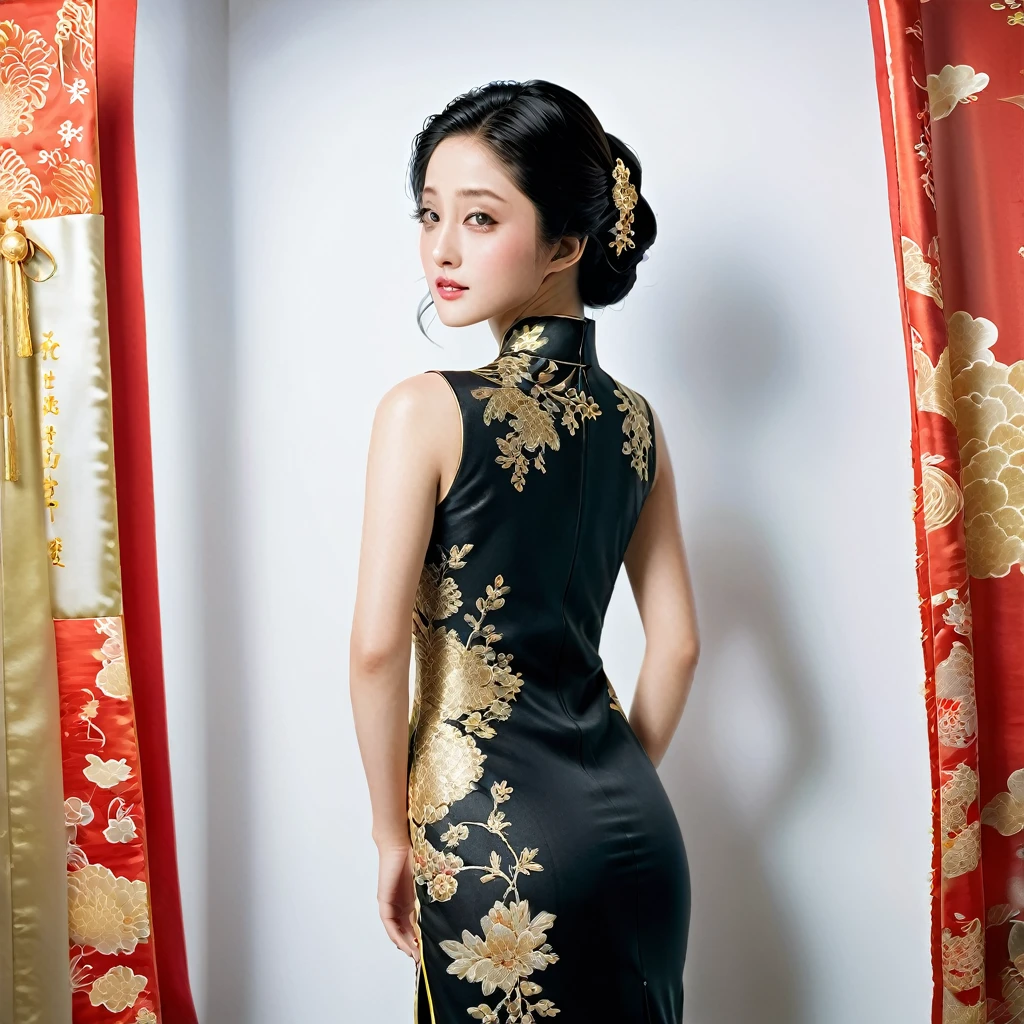 ((Highest quality)), ((masterpiece)), (detailed), （Perfect Face）、The woman is Satomi Ishihara, with black hair, large breasts, beautiful proportions and a gentle smile.、The woman is wearing a black long-slit cheongsam with gorgeous gold embroidery and trim, and is adorned with luxurious accessories.、Her hair is styled in a Chinese style.