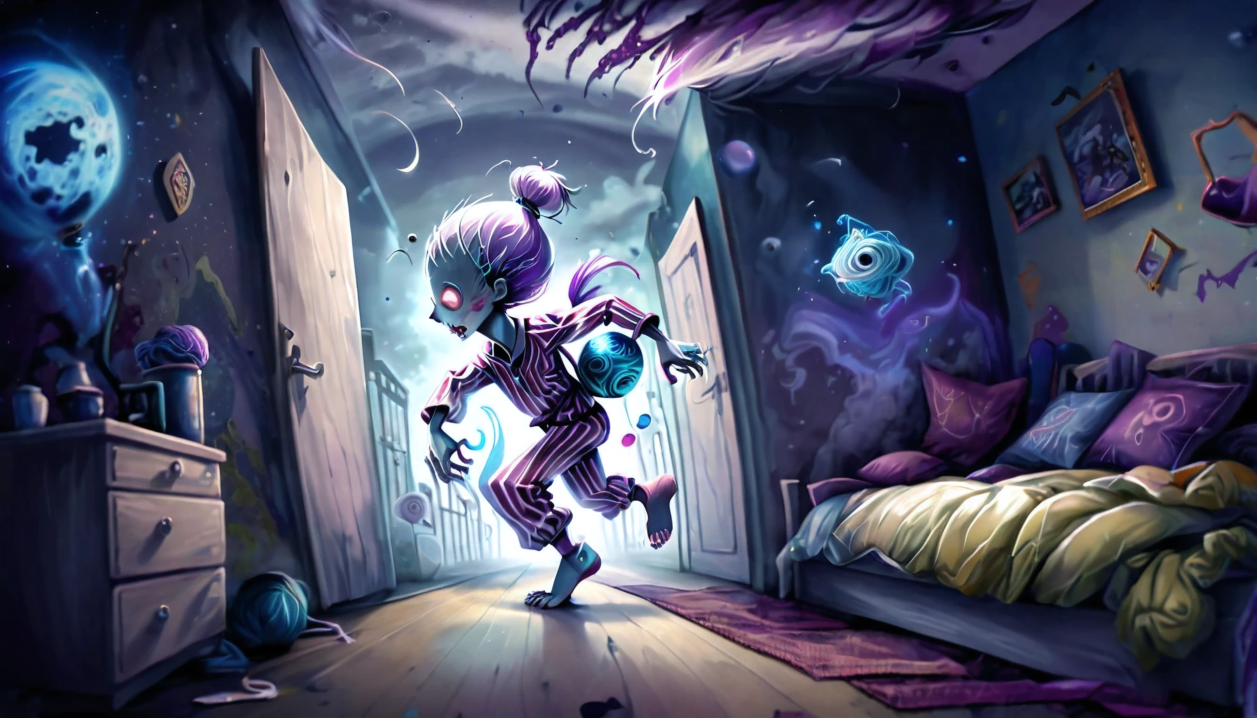 a hyperrealistic graffiti of a guy ina pyjama with a large night cap with a ball of yarn on it, the pyjama has large stripes and celestial symbols- the guy is sleepwalking through his pitch dark apartment  at night and only moonlit rooms. walks with a phone held in front of chest shining light ahead like as a torch. cute character and whimsical illustration art style. gait of a zombie with arms stretched out front. wide angle, watrecolor and oil painted.