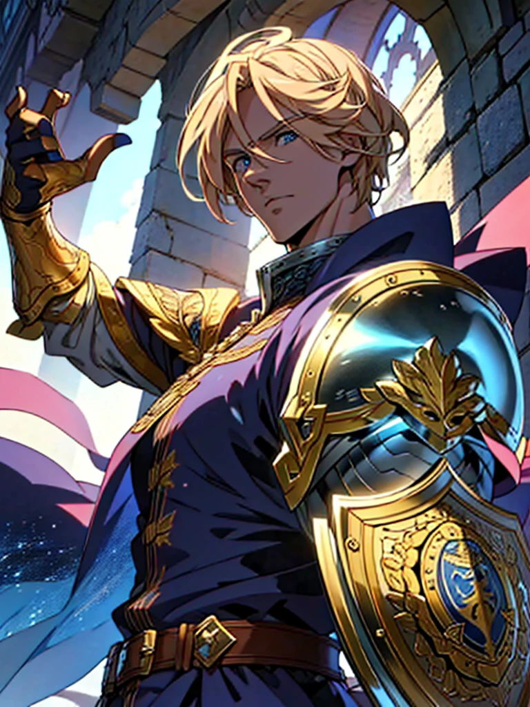 masterpiece, best quality, masterpiece, high quality, beautiful graphics, high detail, ultra detailed, cinematic lighting, HDR, ilustration, Man design, anime 4k, large shield, sword in one hand, blonde hair, blue eyes