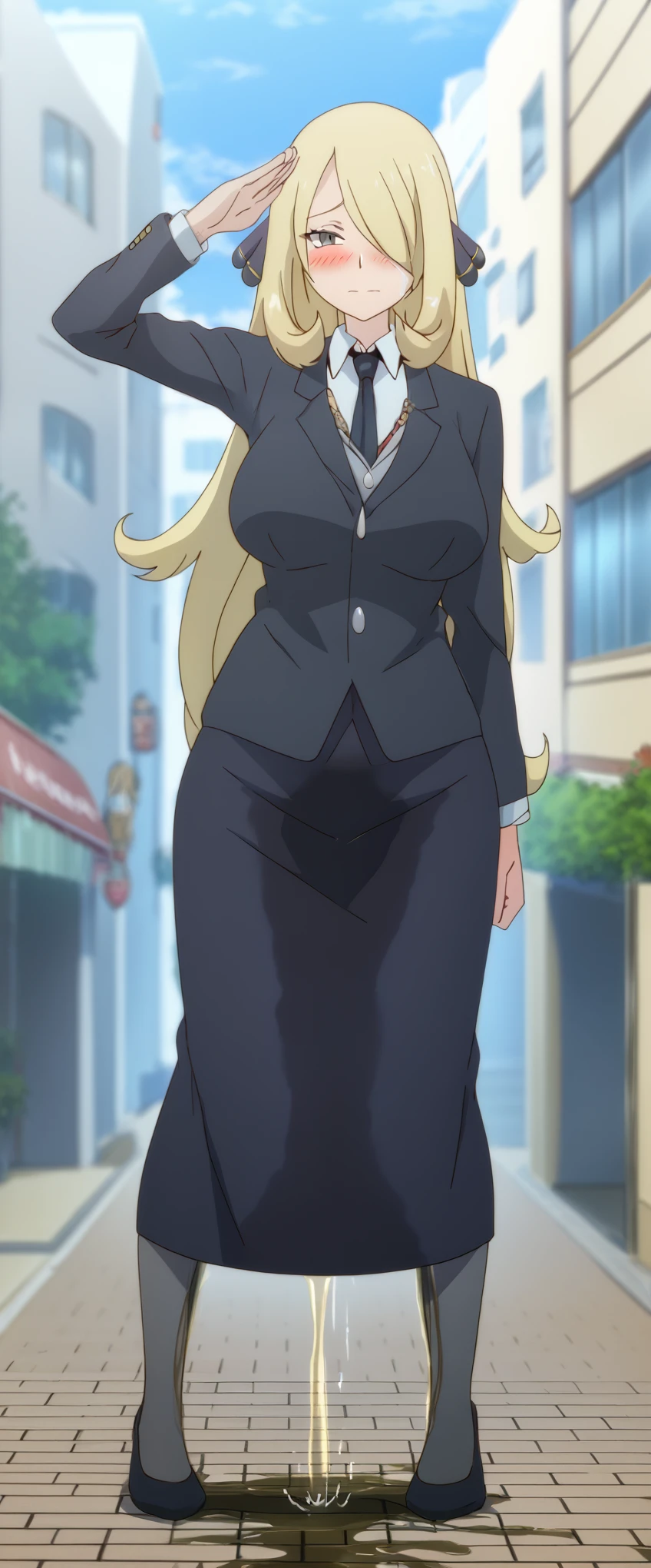 (high quality,Very detailed:1.37, High resolution), 2d, anime, anime style, anime source, Woman, Cynthia \(Pokemon\), business suit, necktie, (long skirt:1.25), (pencil skirt:1.5), pantyhose, huge breasts, cleavage, looking at viewer, masterpiece, best quality, (wetting self:1.5), desperation, embarrassed, humiliation, (blushing:2.0), standing, (salute:1.5), city