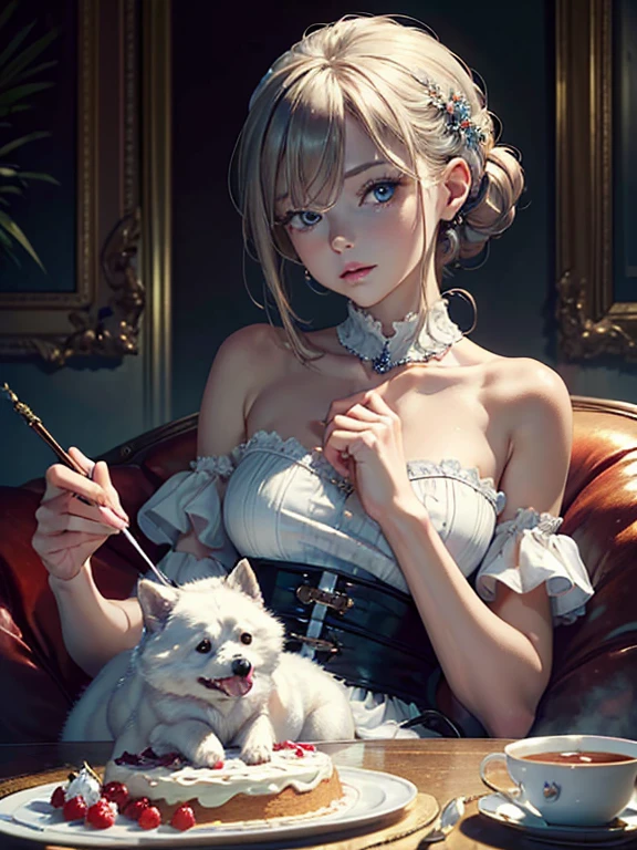 (masterpiece:1.4), (best quality:1.4), (high resolution:1.4), (masterpiece, best quality, high resolution:1.4),  The woman is sitting on the couch with a small white Pomeranian crawling on her lap, in front of a birthday cake, making a wish on the birthday cake, celebrating his birthday, she is approximately 1 , White skin, delicate facial features
