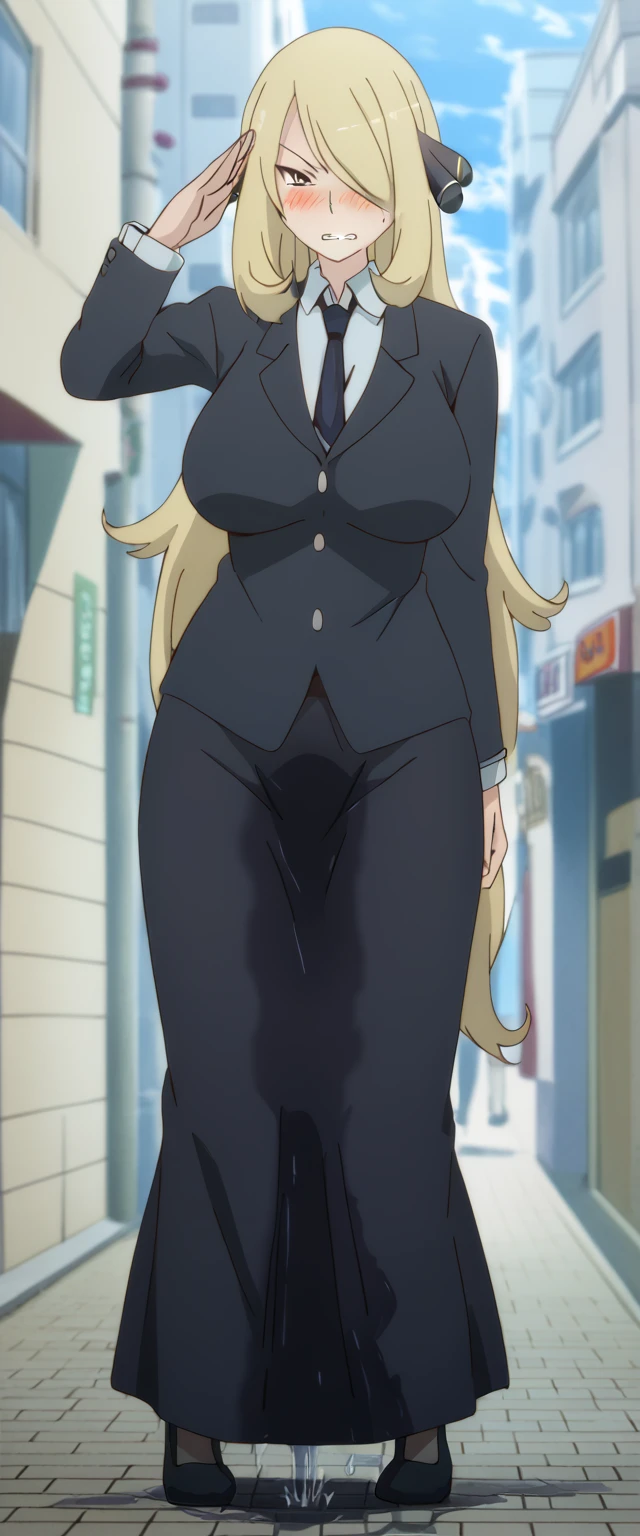 (high quality,Very detailed:1.37, High resolution), 2d, anime, anime style, anime source, Woman, Cynthia \(Pokemon\), business suit, necktie, (long skirt:1.25), (pencil skirt:1.5), pantyhose, huge breasts, cleavage, looking at viewer, masterpiece, best quality, (wetting self:1.5), desperation, embarrassed, humiliation, (blushing:2.0), (angry:1.5), clenched teeth, standing, (salute:1.5), city