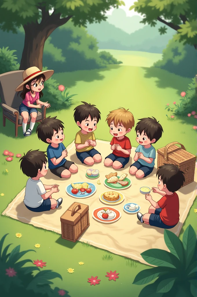 Children eating mashed potatoes in a potato field,Showa Sense,top-quality,watercolor paiting