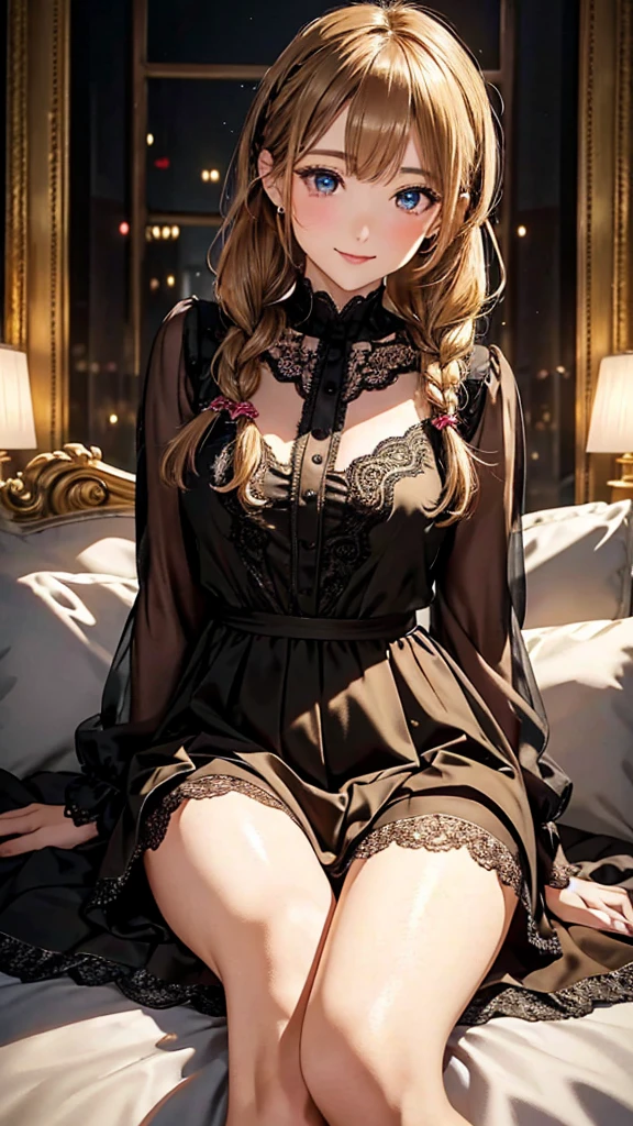 8k resolution,((Highest quality)),Ultra-high resolution,Adult women, alone, (Teasing smile）, (Golden Eyes), Beautiful and symmetrical face, (Brown braided medium length hair),Lace dress,Lace long skirt,Lace stockings covering the thighs,Realistic:1.4,Realistic:1.4,(masterpiece:1.2),（Perfect Eyes,Perfect eyes drawn in detail）,Perfect thighs,Dark Light