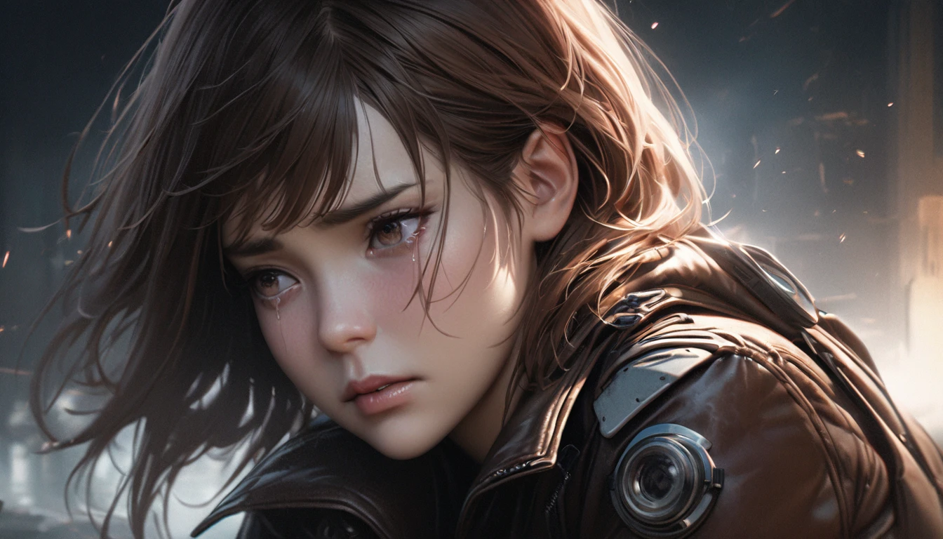 A girl with short brown hair wearing a leather jacket, bodysuit, gloves, and goggles, looking sad with a hint of tears, detailed face and eyes, hyperrealistic, 8k, highly detailed, professional digital art, dramatic lighting, moody color palette, cinematic composition