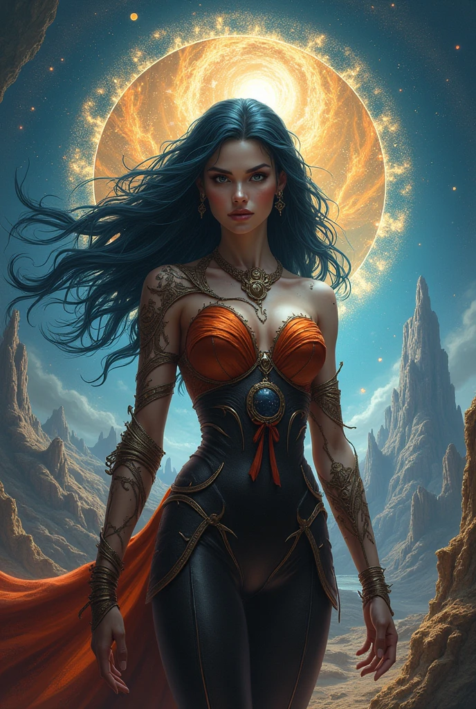 (Indigenous goddess, Amazon, with golden details, green parts, long hair, levitation pose), fantastic, imposing, full body, atmospheric perspective, 8k, super detail, best quality