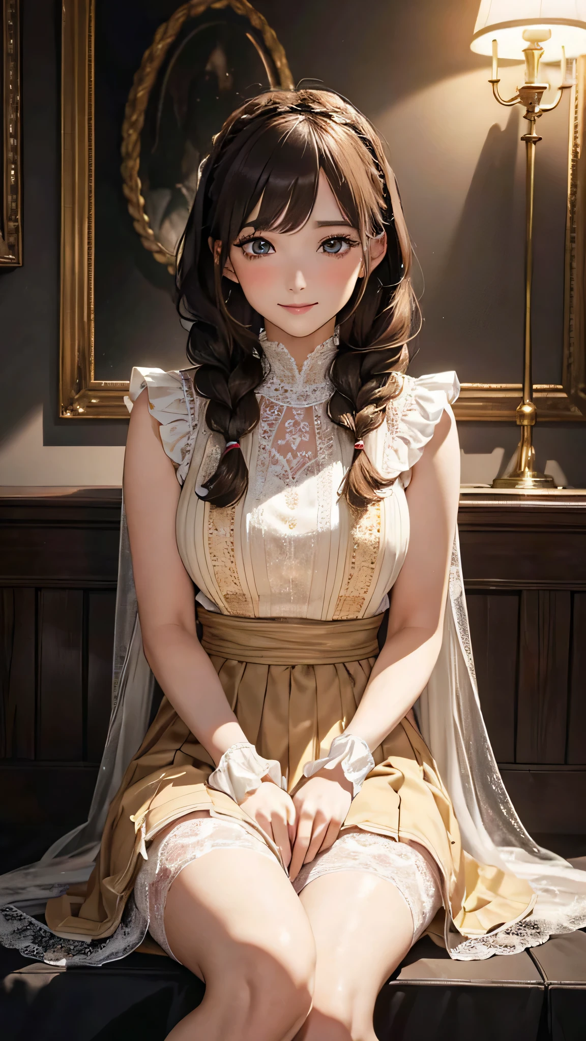 8k resolution,((Highest quality)),Ultra-high resolution,Adult women, alone, (Teasing smile）, (Golden Eyes), Beautiful and symmetrical face, (Brown braided medium length hair),Lace dress,Lace long skirt,Lace stockings covering the thighs,Realistic:1.4,Realistic:1.4,(masterpiece:1.2),（Perfect Eyes,Perfect eyes drawn in detail）,Perfect thighs,Dark Light