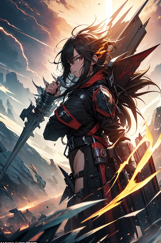 Highest quality、Highest quality、Masterpiece、girl((Metal body,Age 25、as soon as、Highest Bust、Medium Bust、Wide open chest、Red glowing eyes、Black Ear、Red Mesh、Disheveled Hair、Loincloth、thin、The best valley、Open chest、Red Cape、hair ornaments、Full body view、gas mask、Black hoodie、Black trousers、Holding a spear knife))、high quality、Beautiful Art、background((fog、cigarette、smoke、Red smoke、military base、Cigarette curtain、Explosive Flame))、flight、Flying Debris、Depth of text、movie、Visual Arts、Perfect Art、8K、Genuine、Special Angles