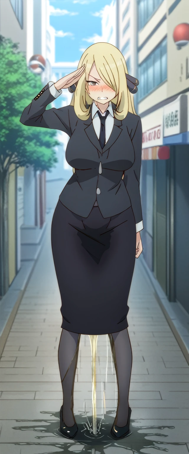 (high quality,Very detailed:1.37, High resolution), 2d, anime, anime style, anime source, Woman, Cynthia \(Pokemon\), business suit, necktie, (long skirt:1.25), (pencil skirt:1.5), pantyhose, huge breasts, cleavage, looking at viewer, masterpiece, best quality, (wetting self:1.5), desperation, embarrassed, humiliation, (blushing:2.0), (angry:1.5), (clenched teeth:1.5), standing, (salute:1.5), city