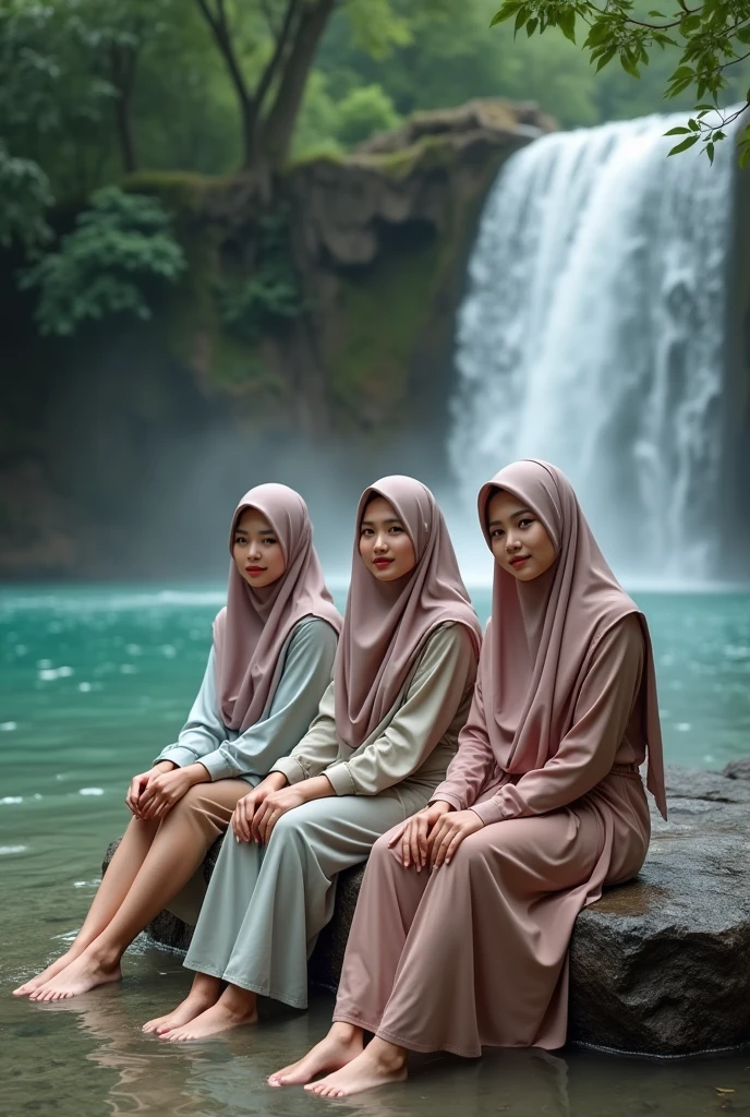 (Photography)(dynamic) Show three Malay muslimah females, sitting on a boat, in the middle of ocean. One is wearing pink wetsuit, one is wearing blue wetsuit, one is wearing green wetsuit