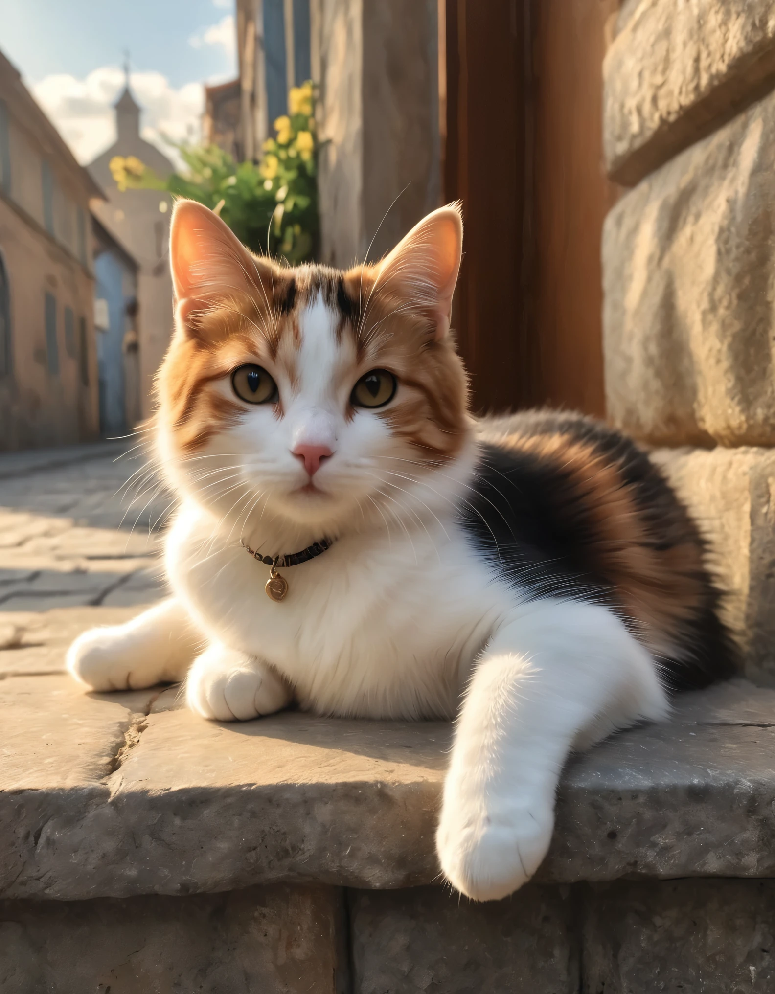 [cute cat greets viewers, stone＝Art by Auguste Renoir and Jeremy Mann, (Viewpoint angle:1.2), Realistic, Ray Tracing, Beautiful lighting,masterpiece:RAW Photos,Photorealistic,cute cat,Three-haired cat,The highest masterpiece,Fluffy cat,Beautiful light and shadow,Reality:0.4]