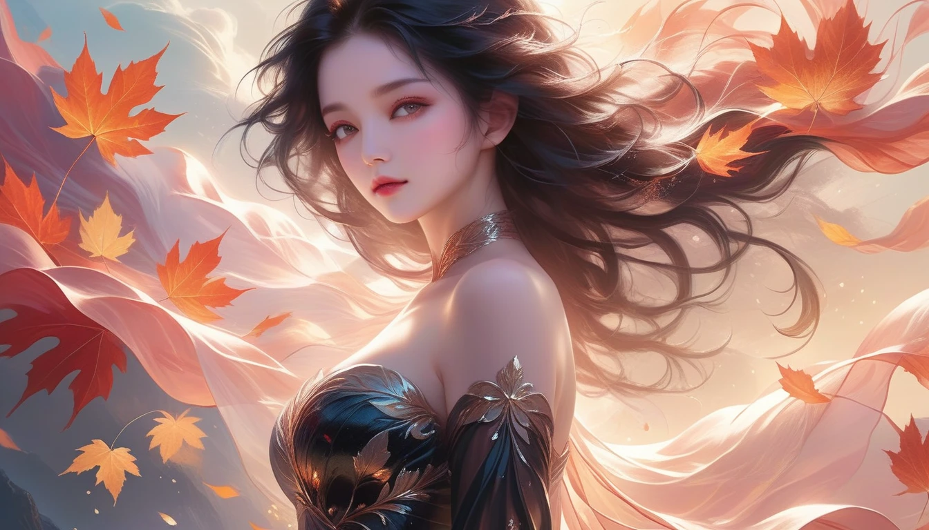 A Masterpiece In 32K Resolution, Supreme Quality, Super Detail, Official Art, Very High-Resolution 32K Wallpaper, Exquisite And Aesthetic, Ultra-Detailed Features, Awe-Inspiring Detail. A Mystical Landscape With (Falling Leaves), (Intricate Wind Patterns), And Skin With A Soft, Velvet Sheen (Highlight Her Ample Breasts). A Character With A Mysterious Expression, Flowing Black Hair, Slightly Tousled But Majestic, And Golden Eyes That Seem To Pierce Through The Soul. Her Features Are Delicate And Alluring, Lit By (Warm Sunset Glow). (Beautifully Detailed Beauty), With Subtle Shifts In Expression, Surrounded By An Otherworldly Aura. The Reflections On The Water Echo The Fine Details Of The Surroundings, With A (Timeless Face) Captured To Perfection. This Is An Ultra-Detailed Painting Of A Strikingly Delicate Figure, Showcasing An Ethereal Charm That Captivates The Viewer.