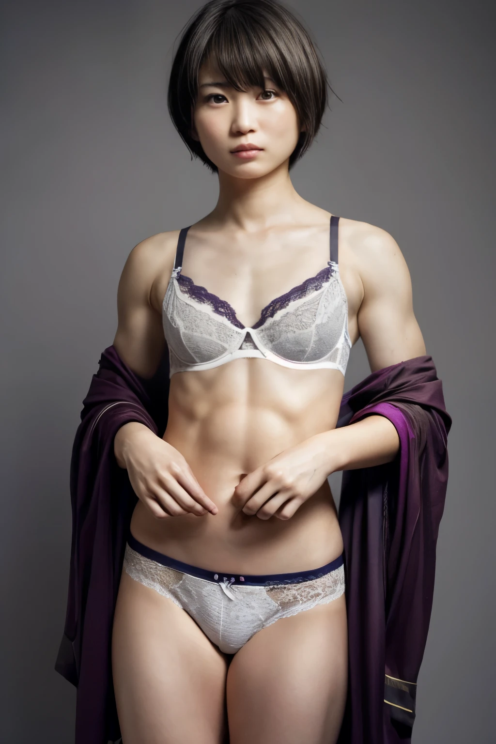 (realistic, photo-realistic, masterpiece, best quality), high resolution, intricate details, extremely detailed, solo, a Japanese lady, (((cute girl))), ((revealing lingerie bra)), very cute and baby-like face, (flat chest:1.8), little bodybuilder, bodybuilder naked, (pixie cut, swept bangs), detailed face, detailed eyes, sophisticated nose, pale skin, looking at the camera, sadness, simple background, (matrix world),