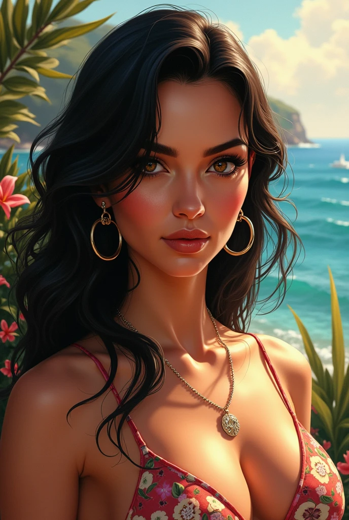 Realism style, a 25-year-old American girl with long black hair blowing in the wind, wearing a black denim bikini and a wet white top, athletic curvy body with thick thighs, vivid colors, intricate details, sunset, Rio de Janeiro beach, trees, feathers, wind, cheerful and fun atmosphere, intricate details, Artstation, Dom Casmurro shading, Greg Rutkowski, hyper-detailed face, sharp focus, beautiful, stunning, perfect face, sharp focus, smooth motion blur.