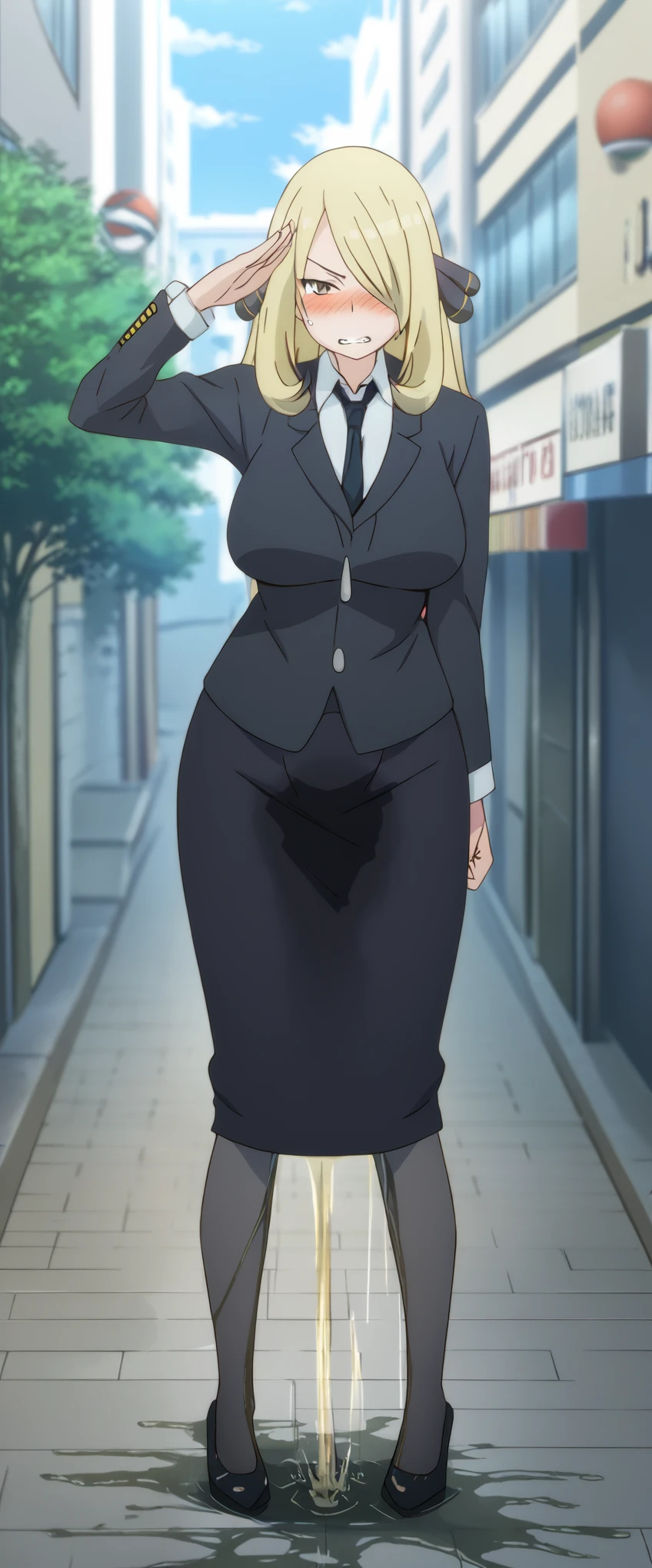 (high quality,Very detailed:1.37, High resolution), 2d, anime, anime style, anime source, Woman, Cynthia \(Pokemon\), business suit, necktie, (long skirt:1.25), (pencil skirt:1.5), pantyhose, huge breasts, cleavage, looking at viewer, masterpiece, best quality, (wetting self:1.5), desperation, embarrassed, humiliation, (blushing:2.0), (angry:1.5), (clenched teeth:1.5), standing, (salute:1.5), city