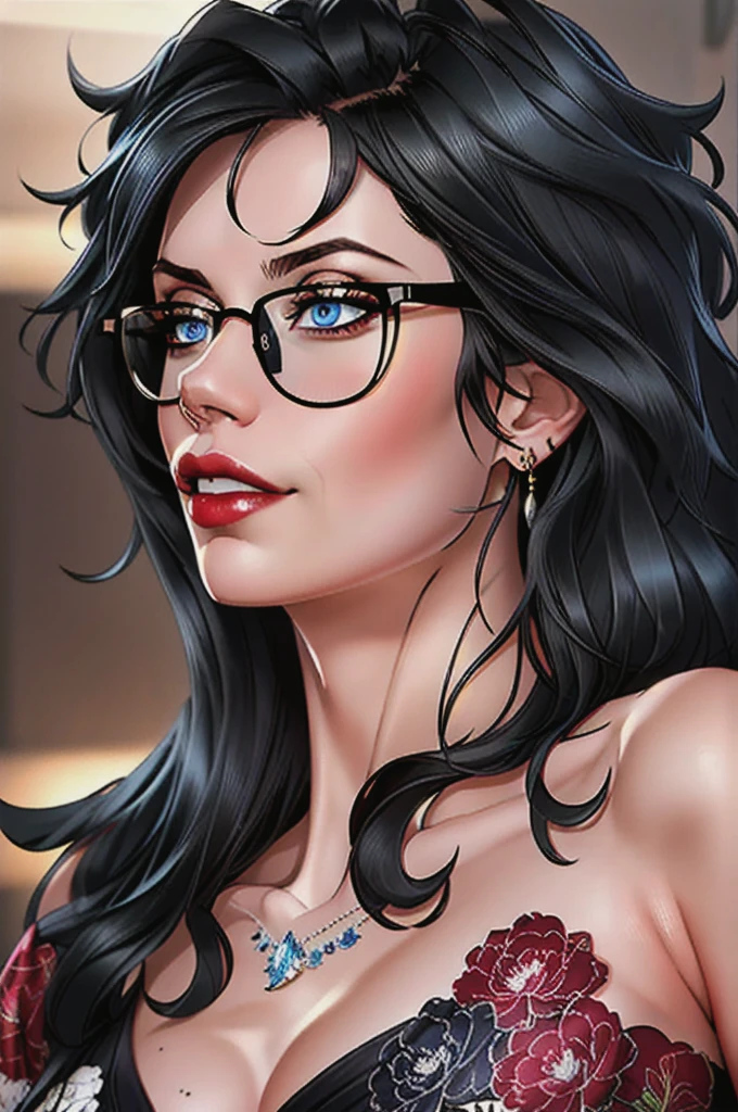 masterpiece,(best quality:1.2),MomRuri,glasses,blue eyes,black hair,tassel earrings,jewelry,lips,messy hair,medium shot,High Resolution, Masterpiece, Anatomically Correct, Accurate, Best Quality, Detail, High Details, High Quality, Quality, Super Detailed, UHD, dress