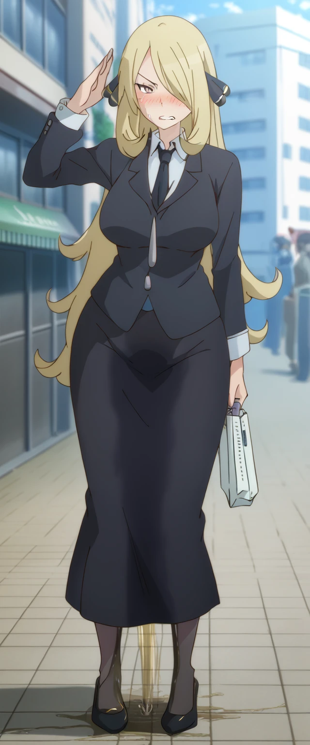 (high quality,Very detailed:1.37, High resolution), 2d, anime, anime style, anime source, Woman, Cynthia \(Pokemon\), business suit, necktie, (long skirt:1.25), (pencil skirt:1.5), pantyhose, huge breasts, cleavage, looking at viewer, masterpiece, best quality, (wetting self:1.5), desperation, embarrassed, humiliation, (blushing:2.0), (angry:1.5), (clenched teeth:1.5), standing, (salute:1.5), city