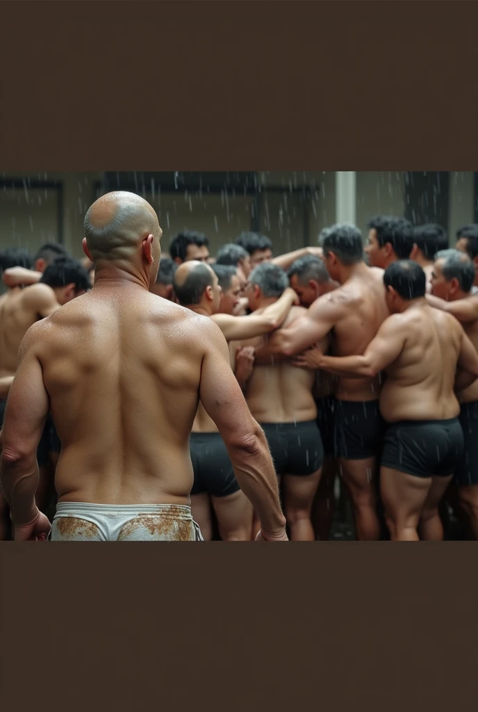 3 vietnamese grandfathers with gray hair, mature face, a thick mustache, a short chin beard, bear body, wearing a massive bulging gray jockstraps standing at the stream, have belly, big muscular chest, a sexy pose.