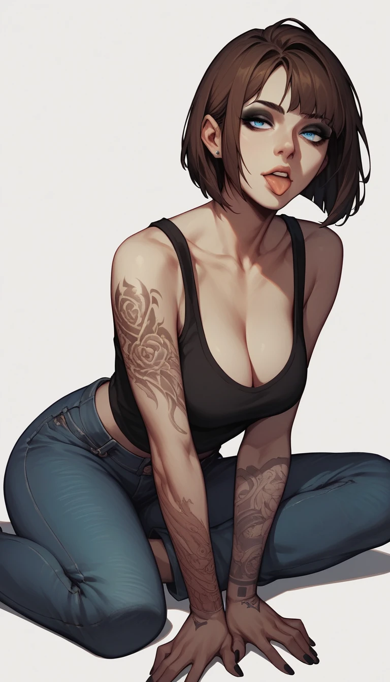 score_9, score_8_up, score_7_up, score_6_up, score_5_up, score_4_up, A cute woman, black sleeveless, cleavage, jeans, brown hair, bob cut hair, blue eyes, black eyeshadow, tattoo, sticking out her tongue, white background