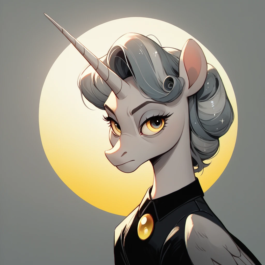 Polluticorn with black blue-gray gray white and pale-yellow color palette, disney style, 