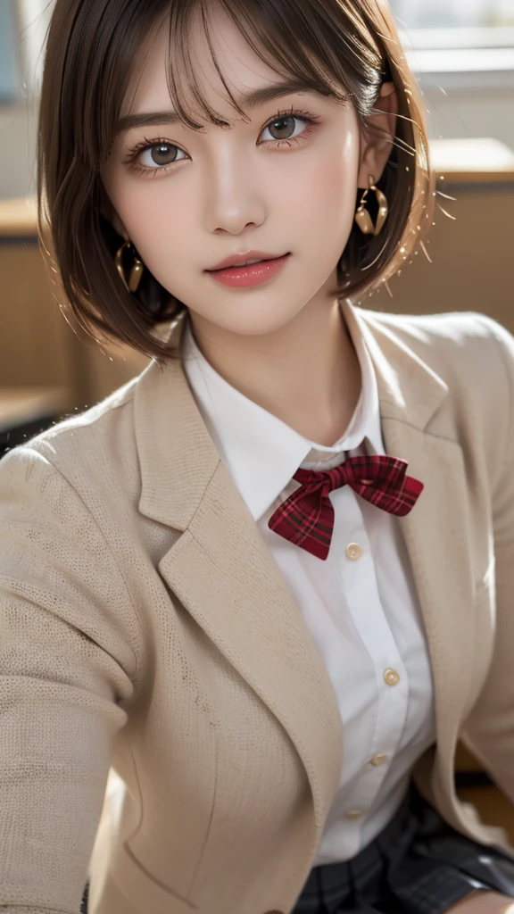 (A beautiful and cute high school girl in a school uniform is in a high school classroom during lunch break, She is wearing a blazer and a plaid pleated skirt as her uniform, with a red ribbon accent around her collar:1.3), 
BREAK 
(Photorealistic, 32k, RAW photo, best quality:1.4), (masterpiece:1.3), (absurdres, attractive, ultra high resolution, ultra realistic, highly detailed, golden ratio, ultra detailed), 
BREAK 
1 beautiful woman, super fucking beautiful detailed face, natural makeup, intricate cloth texture, finely detailed hair texture, beautiful detailed full-body, perfect female form, accurate, Anatomically correct, Highly detailed face and skin texture, (beautiful elegant hands), (realistic skin), (beautiful pale skin:1.1), beautiful Breasts, 
(Perfect dynamic composition, looking at viewer, extreme close-up:1.8),
BREAK 
(School uniform, blazer & plaid pleated & red ribbon accent around her collar, detailed cloth texture), (Earrings), 
BREAK,
realistic eyes, beautiful detailed eyes, symmetric eyes, captivating detailed eyes, light brown eyes, double eyelids, thin eyebrows, (glossy lips:1.4), (kissable expression, blush:1.3), (beautiful smile:1.1), 
BREAK,
((short bob cut, dark brown hair, bangs:1.2)), (Daytime, classroom:1.3)