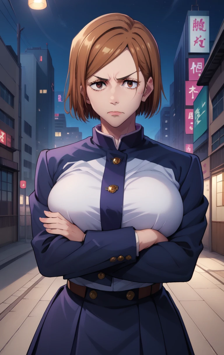 score_9, score_8_up, score_7_up, score_9,  BREAK kugisaki nobaraXL, 1girl, solo, breasts, looking at viewer, short hair, bangs, skirt, large breasts, brown hair, long sleeves, brown eyes, closed mouth, school uniform, jacket, night, crossed arms, blue jacket, building, city, gakuran, arms under breasts, kugisaki nobara, cowboy shot