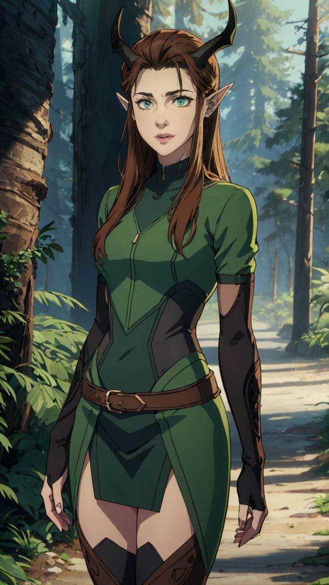 Keylet, Keylet, long hair, Brown hair, portrait of a girl, emphasis on the face, very sexy, beautiful breasts, naked, Erotica,(green eyes:1.3), pointed ears, elf, horns, freckles, smile, break thighhighs, gloves, boots, fingerless gloves, thigh boots, Brown shoes, a green dress, break outdoors, the forest, nature, break looking at viewer, (cowboy shot:1.5), break (masterpiece:1.2), Best quality, High resolution, unity 8k wallpaper, (illustration:0.8), (beautiful detailed eyes:1.6), very detailed face, perfect lighting, extremely detailed computer graphics, (perfect hands, Ideal Anatomy),