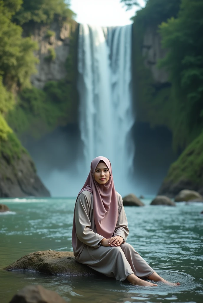 A portrait of a 17-year-old Russian girl wearing a modest and covered hijab, Wearing glasses,and a trendy abaya dress, Made of brocade and silk in a deep pink green, she is sitting on a boat in the middle of the lake and a beautiful waterfall can be seen flowing.,in a calm and peaceful atmosphere with a face looking at the camera