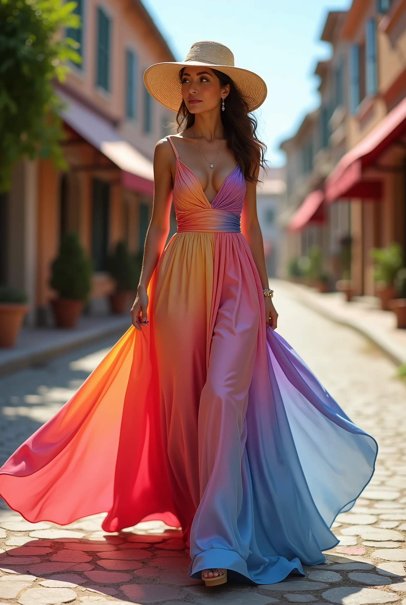 1girl in, age 25, Square face, Long hair, Looking at Viewer, jewelry, Realistic, A sexy, Maxi dress outfits, multicolored outfits, Bokeh lights background, sleep pose