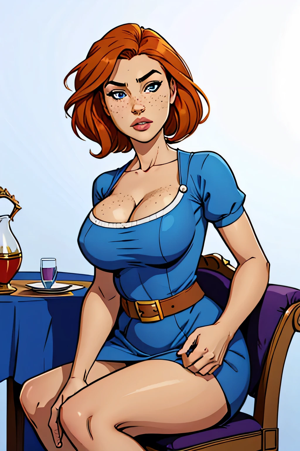 Athletic and slender woman, age 25, 8k (High definition), thoughtful, seducing gaze, blue colored eyes, wearing a blue dress ((v-neckline, puffy short sleeves)), brown belt, pele caucasiana, short straight orange hair ((at shoulder height)), sitting in an armchair, at the table ((upper body)), curvy with freckles on her chest and neck, big round breasts. High-quality Marvel style, white background.