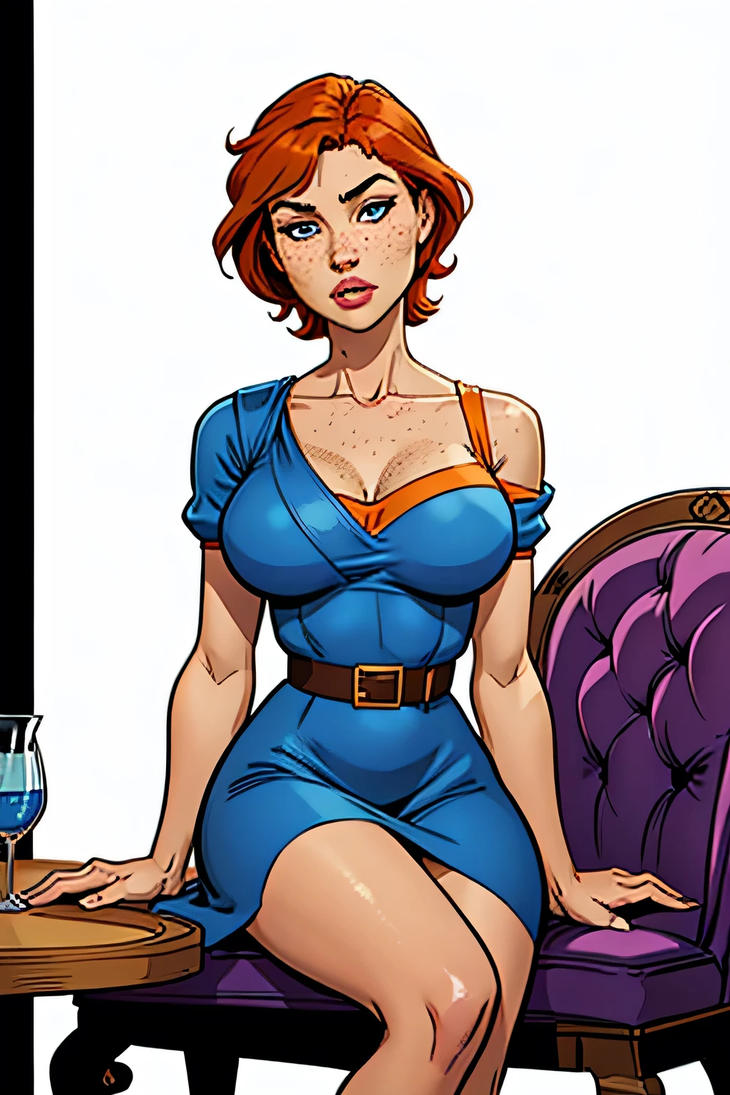 Athletic and slender woman, age 25, 8k (High definition), thoughtful, seducing gaze, blue colored eyes, wearing a blue dress ((v-neckline, puffy short sleeves)), brown belt, pele caucasiana, short straight orange hair ((at shoulder height)), sitting in an armchair, at the table ((upper body)), curvy with freckles on her chest and neck, big round breasts. High-quality Marvel style, white background.