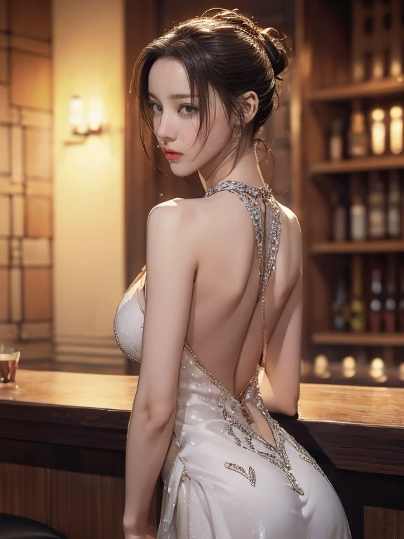 (masterpiece, best quality), (Sexy female stars in bikinis:1.2)(Tall and skinny:0.8),Set in a medieval fantasy world:1.0、 ( at the bar:1.3),   night, Detailed aspects, very attractive:1.0,  

((The back of the dress is very sexy:1.3))
(Show sexy back:1.3)
(Look back at the camera:1.5)
Show side of breast:1.3
(Hair tied into a bun:1.0)
necklace:1.4
，(It hurts when you open your mouth:1.7),(Open your mouth and beg for mercy:1.0)(frown、Fear、Shout for help:1.0)
 (Large Breasts:1.2)、 (Beautiful back :1.0). 
side full body photo:1.3 Raise your hands high to expose your armpits:1.0