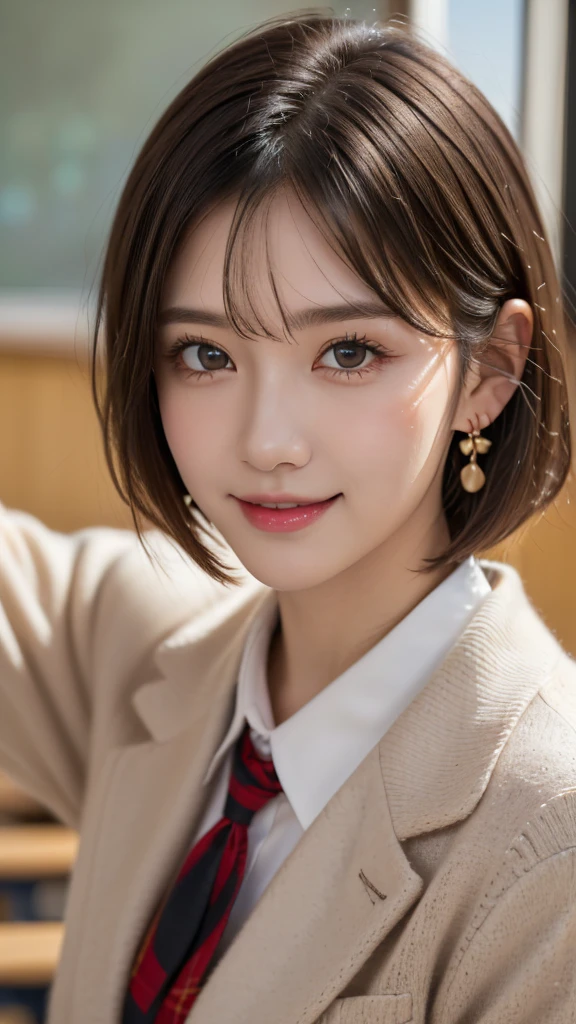 (A beautiful and cute high school girl in a school uniform is in a high school classroom during lunch break, She is wearing a blazer and a plaid pleated skirt as her uniform, with a red ribbon accent around her collar:1.3), 
BREAK 
(Photorealistic, 32k, RAW photo, best quality:1.4), (masterpiece:1.3), (absurdres, attractive, ultra high resolution, ultra realistic, highly detailed, golden ratio, ultra detailed), 
BREAK 
1 beautiful woman, super fucking beautiful detailed face, natural makeup, intricate cloth texture, finely detailed hair texture, beautiful detailed full-body, perfect female form, accurate, Anatomically correct, Highly detailed face and skin texture, (beautiful elegant hands), (realistic skin), (beautiful pale skin:1.1), beautiful Breasts, 
(Perfect dynamic composition, looking at viewer, extreme close-up:1.8),
BREAK 
(School uniform, blazer & plaid pleated & red ribbon accent around her collar, detailed cloth texture), (Earrings), 
BREAK,
realistic eyes, beautiful detailed eyes, symmetric eyes, captivating detailed eyes, light brown eyes, double eyelids, thin eyebrows, (glossy lips:1.4), (kissable expression, blush:1.3), (beautiful smile:1.1), 
BREAK,
((short bob cut, dark brown hair, bangs:1.2)), (Daytime, classroom:1.3)