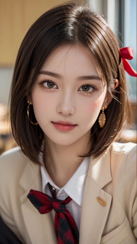 (A beautiful and cute high school girl in a school uniform is in a high school classroom during lunch break, She is wearing a blazer and a plaid pleated skirt as her uniform, with a red ribbon accent around her collar:1.3), 
BREAK 
(Photorealistic, 32k, RAW photo, best quality:1.4), (masterpiece:1.3), (absurdres, attractive, ultra high resolution, ultra realistic, highly detailed, golden ratio, ultra detailed), 
BREAK 
1 beautiful woman, super fucking beautiful detailed face, natural makeup, intricate cloth texture, finely detailed hair texture, beautiful detailed full-body, perfect female form, accurate, Anatomically correct, Highly detailed face and skin texture, (beautiful elegant hands), (realistic skin), (beautiful pale skin:1.1), beautiful Breasts, 
(Perfect dynamic composition, looking at viewer, extreme close-up:1.8),
BREAK 
(School uniform, blazer & plaid pleated & red ribbon accent around her collar, detailed cloth texture), (Earrings), 
BREAK,
realistic eyes, beautiful detailed eyes, symmetric eyes, captivating detailed eyes, light brown eyes, double eyelids, thin eyebrows, (glossy lips:1.4), (kissable expression, blush:1.3), (beautiful smile:1.1), 
BREAK,
((short bob cut, dark brown hair, bangs:1.2)), (Daytime, classroom:1.3)