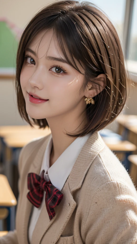 (A beautiful and cute high school girl in a school uniform is in a high school classroom during lunch break, She is wearing a blazer and a plaid pleated skirt as her uniform, with a red ribbon accent around her collar:1.3), 
BREAK 
(Photorealistic, 32k, RAW photo, best quality:1.4), (masterpiece:1.3), (absurdres, attractive, ultra high resolution, ultra realistic, highly detailed, golden ratio, ultra detailed), 
BREAK 
1 beautiful woman, super fucking beautiful detailed face, natural makeup, intricate cloth texture, finely detailed hair texture, beautiful detailed full-body, perfect female form, accurate, Anatomically correct, Highly detailed face and skin texture, (beautiful elegant hands), (realistic skin), (beautiful pale skin:1.1), beautiful Breasts, 
(Perfect dynamic composition, looking at viewer, extreme close-up:1.8),
BREAK 
(School uniform, blazer & plaid pleated & red ribbon accent around her collar, detailed cloth texture), (Earrings), 
BREAK,
realistic eyes, beautiful detailed eyes, symmetric eyes, captivating detailed eyes, light brown eyes, double eyelids, thin eyebrows, (glossy lips:1.4), (kissable expression, blush:1.3), (beautiful smile:1.1), 
BREAK,
((short bob cut, dark brown hair, bangs:1.2)), (Daytime, classroom:1.3)